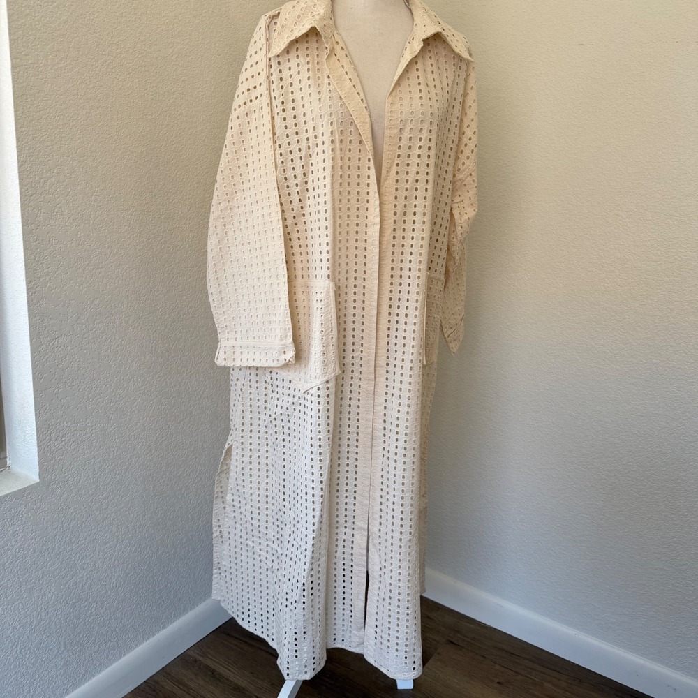 Anthropologie Eyelet Duster Cardigan Womens OS Beige Cotton Longline Open Front - Picture 3 of 7